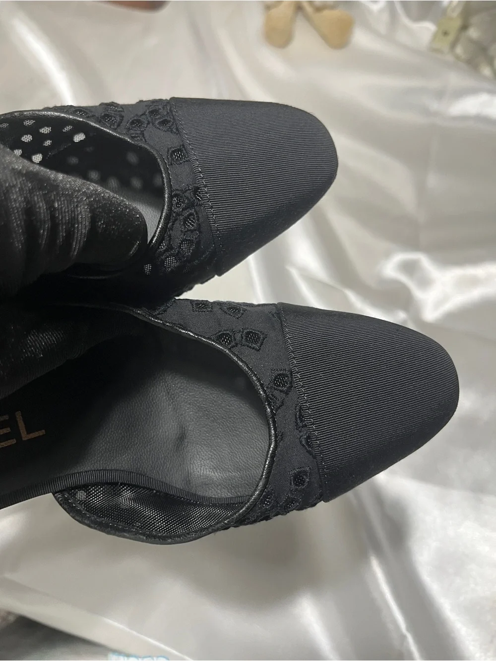 CHANEL Black Slingback Lace-Trim Pumps